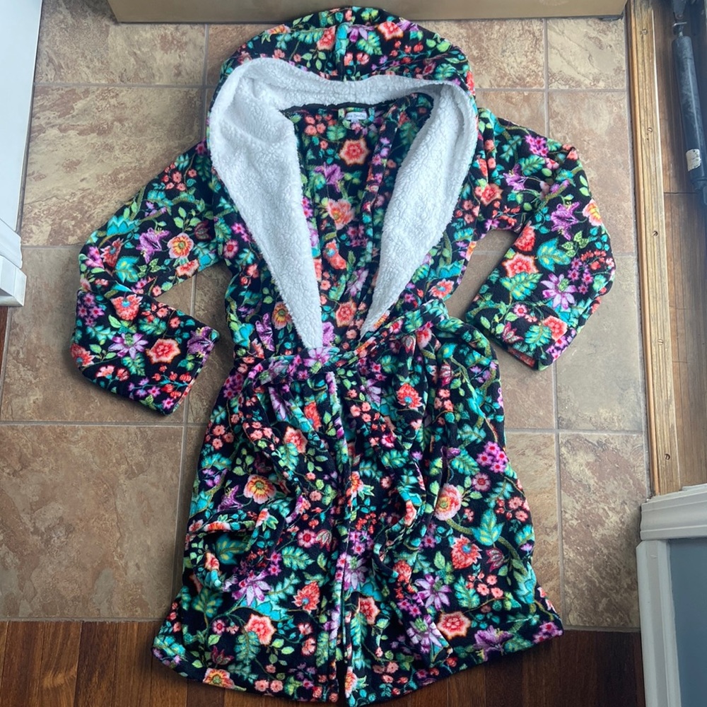 Vera Bradley Black Floral Plush Hooded Robe with Sherpa Lining